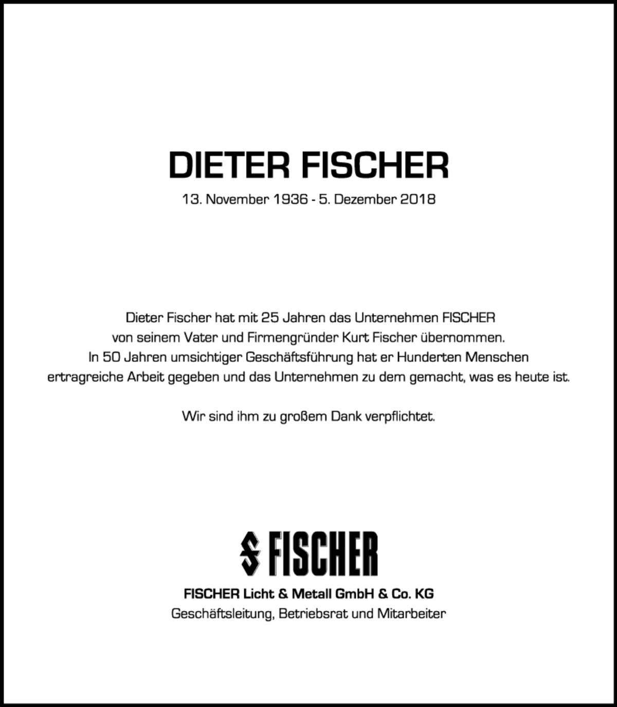 funeral notice of Dieter Fischer